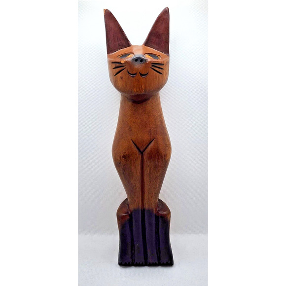 CAT/LARGE HAND CARVED WOOD-Siamese Cat-Solid Wood-Shelf Decor-Collectable - Picture 1 of 15